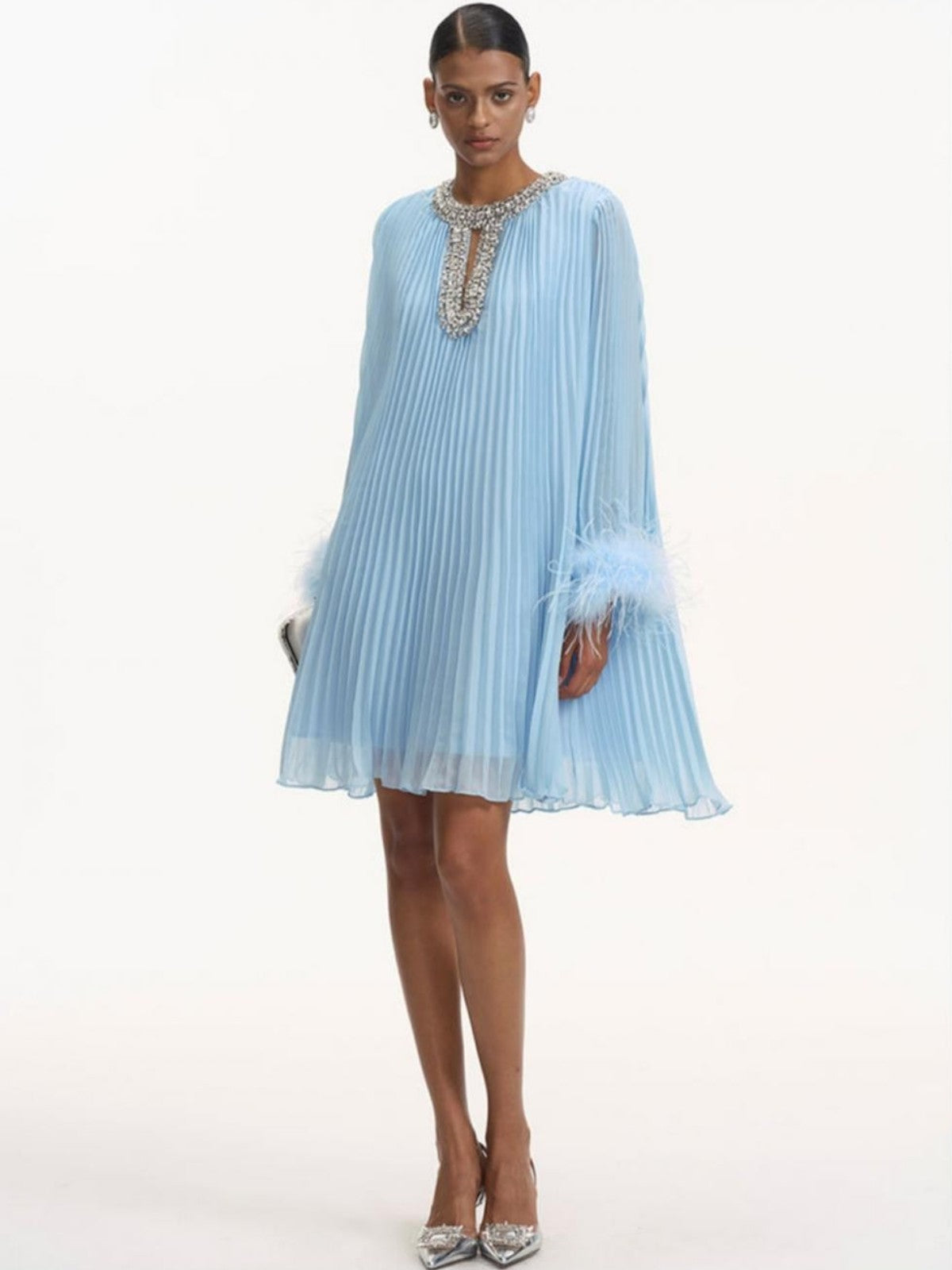 Serena Pleated Feather Cuff Evening Dress
