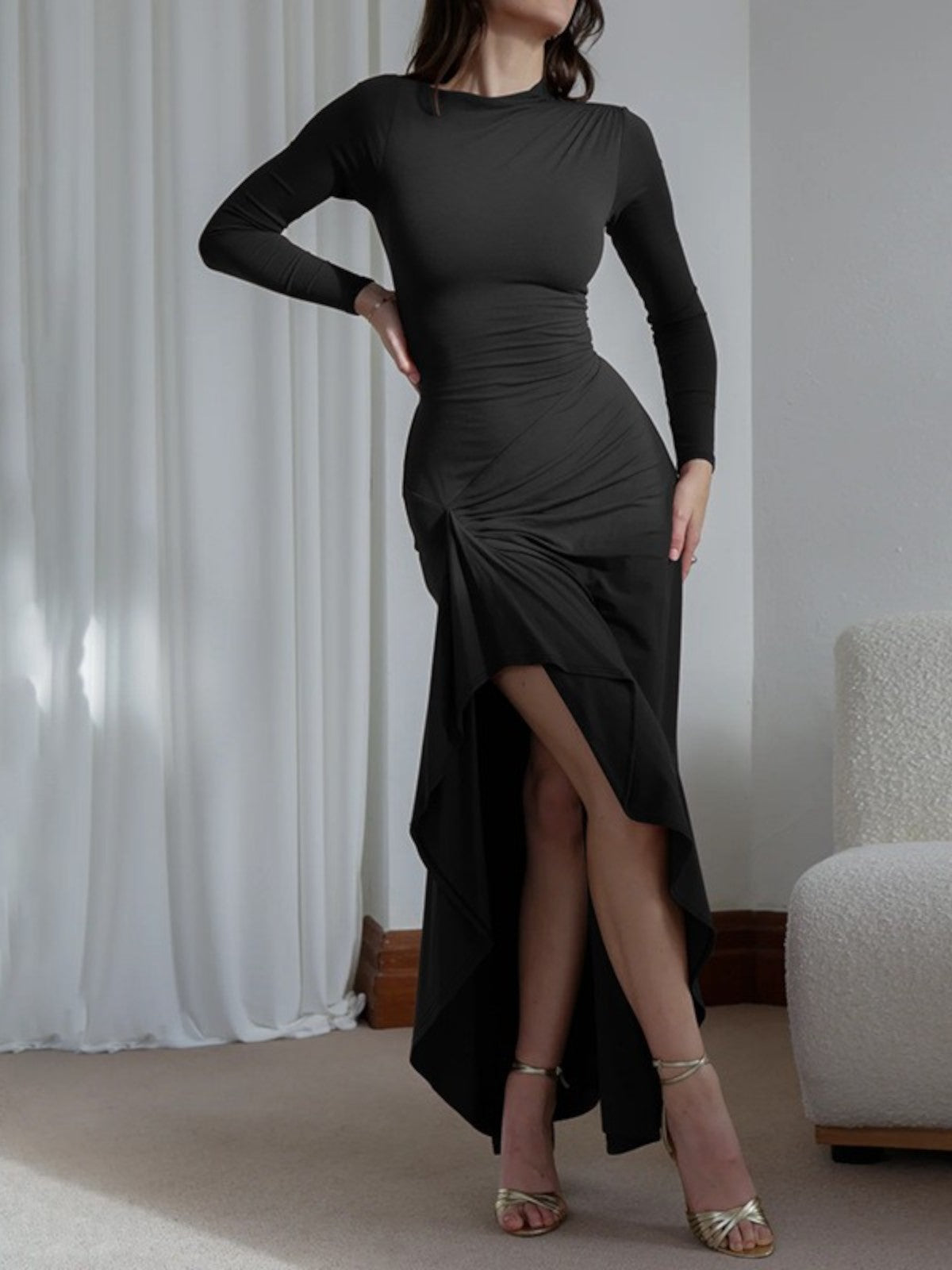 Isla Ruched Long-Sleeve Gown