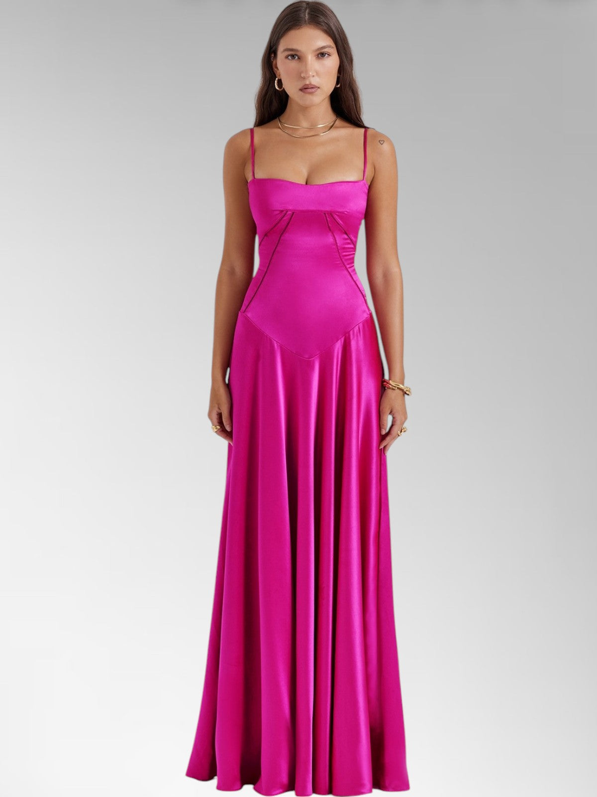 Anabel Brown Satin Lace-Up Evening Gown