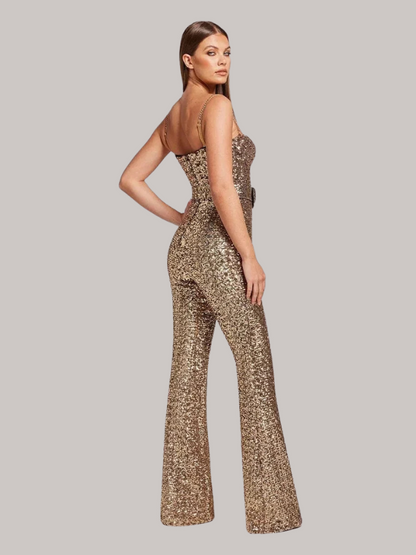 Elizabeth - Women’s Strapless Glitter Jumpsuit with Waist Belt