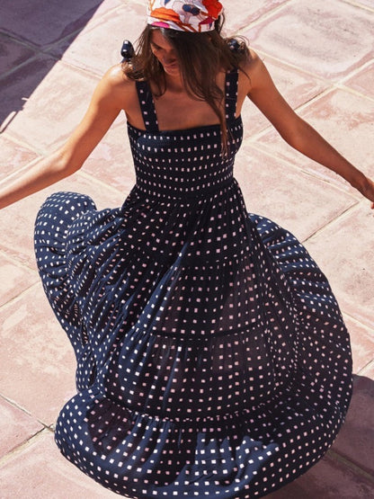 Aurelia Summer Blue Maxi Dress with White Square Dots