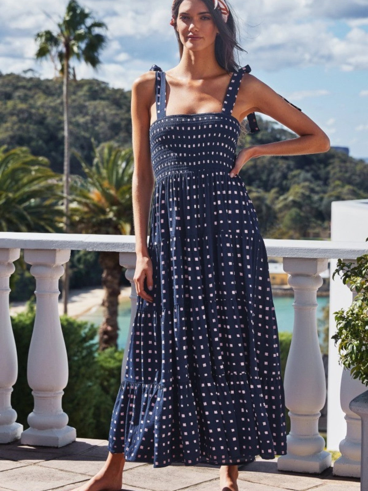 Aurelia Summer Blue Maxi Dress with White Square Dots