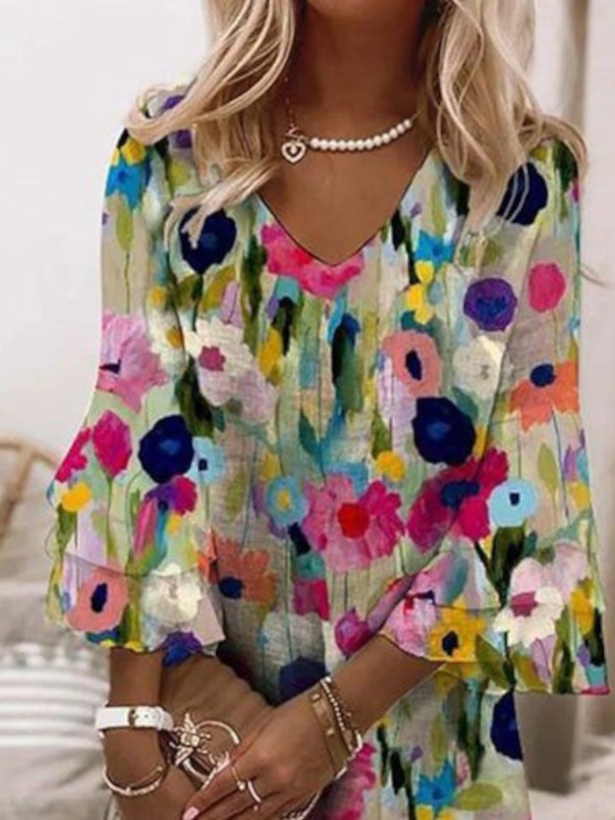 Tabitha - Romantic Floral Print V-Neck Mini Dress