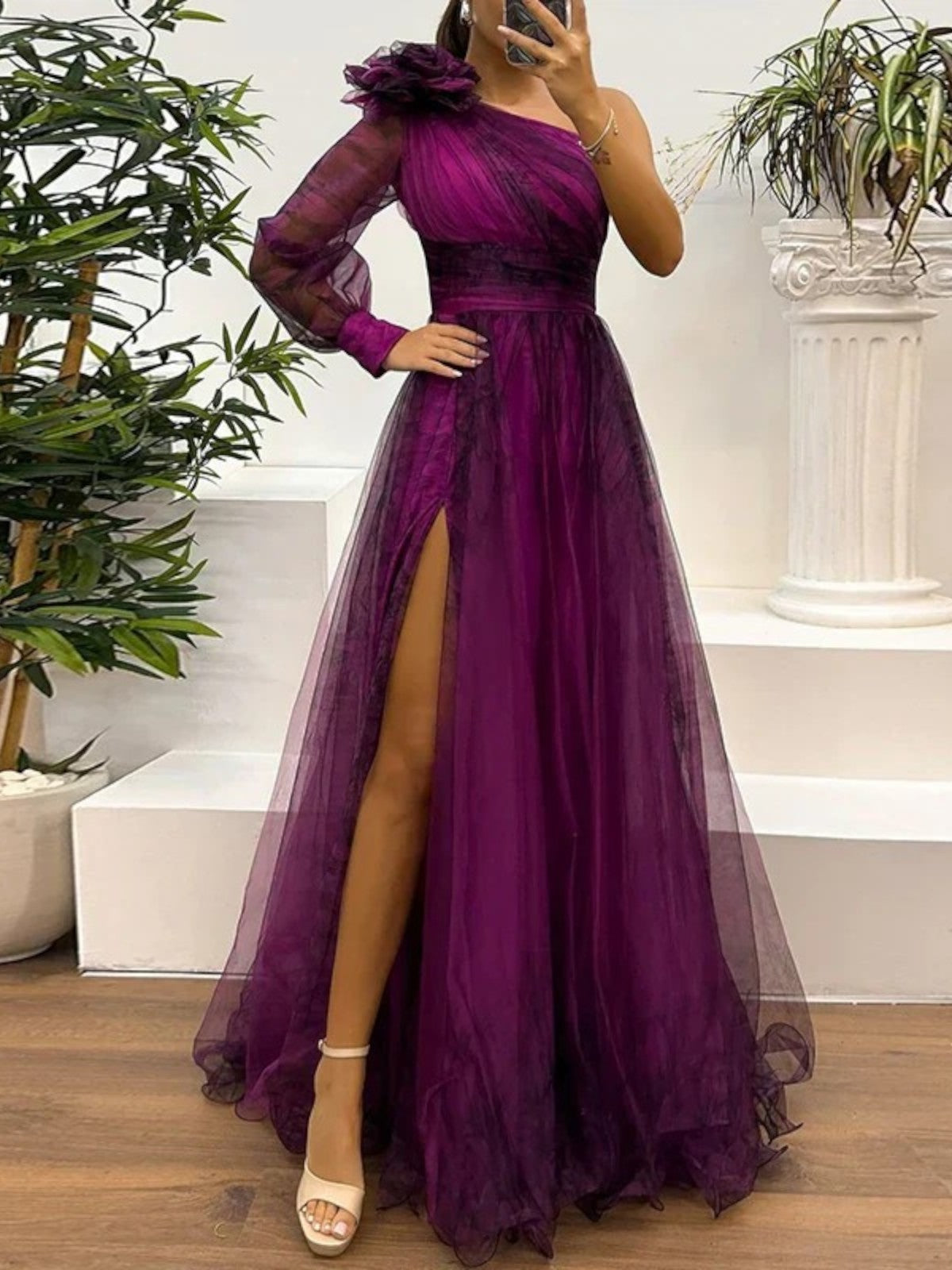 Sienna – Trendy One Shoulder Mesh Print Maxi Dress