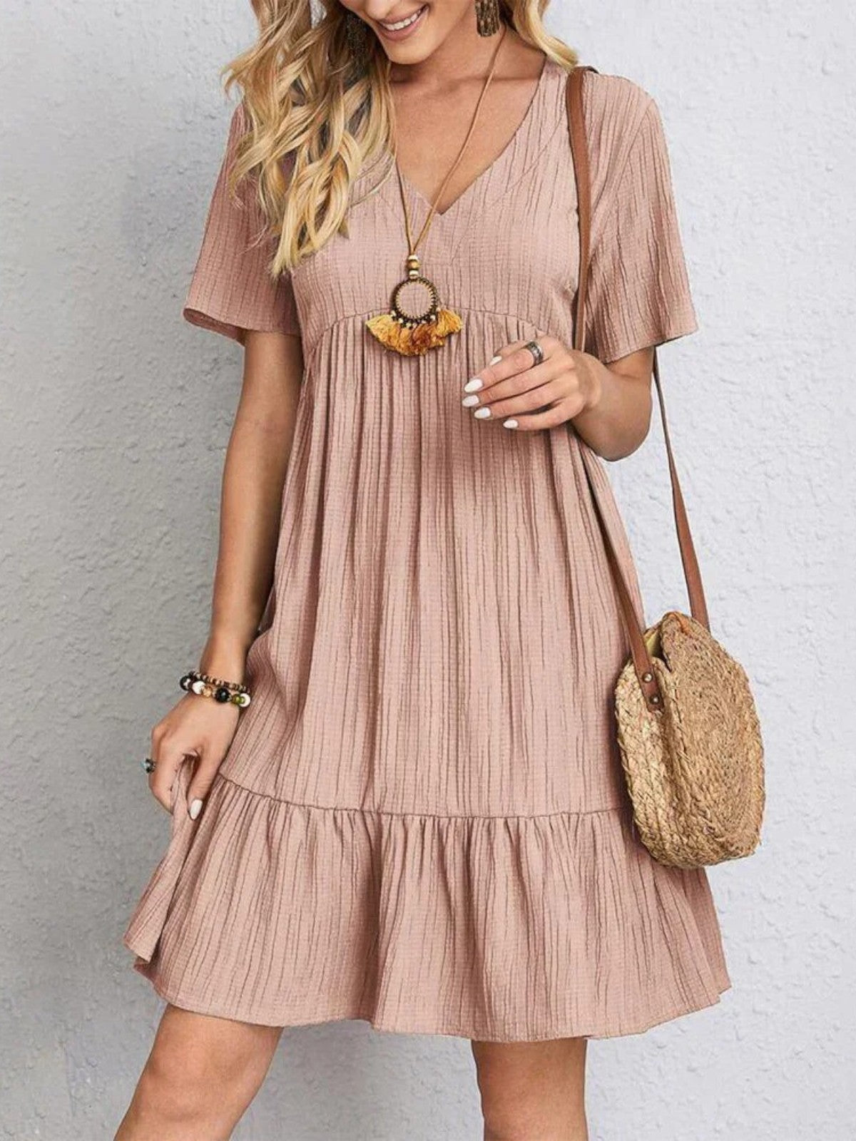 Audrey - Trendy Boho Ruffle Hem Mini Dress
