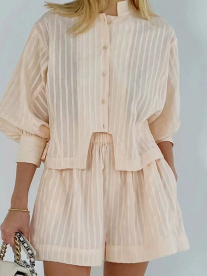 Mira Cotton Pinstripe Long-Sleeve Shorts Set