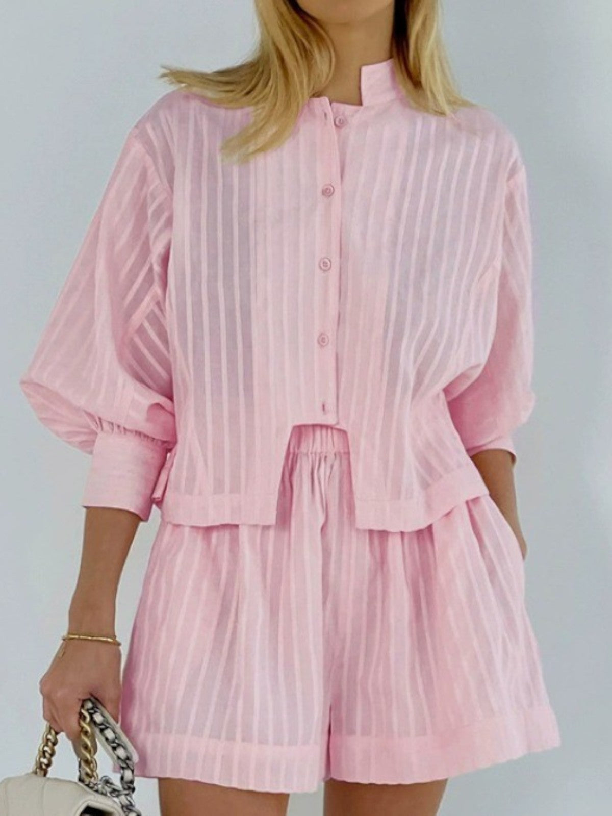 Mira Cotton Pinstripe Long-Sleeve Shorts Set