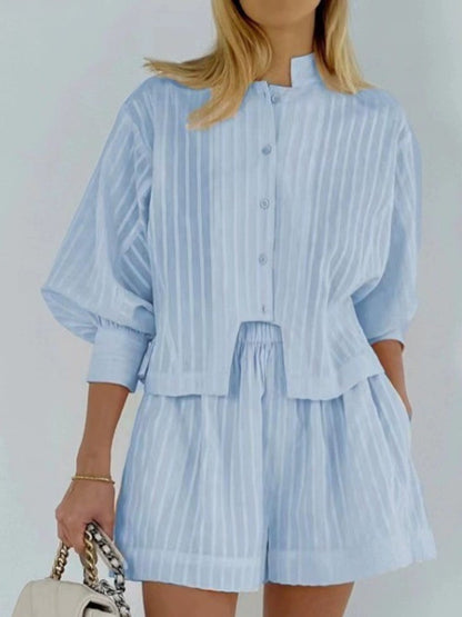 Mira Cotton Pinstripe Long-Sleeve Shorts Set
