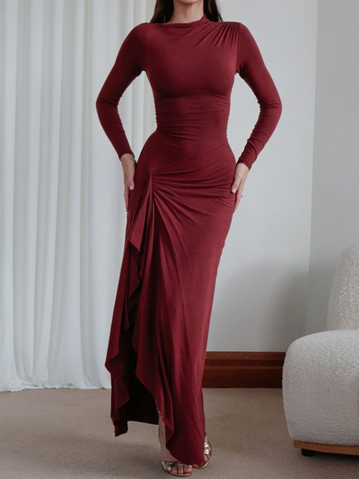 Isla Ruched Long-Sleeve Gown