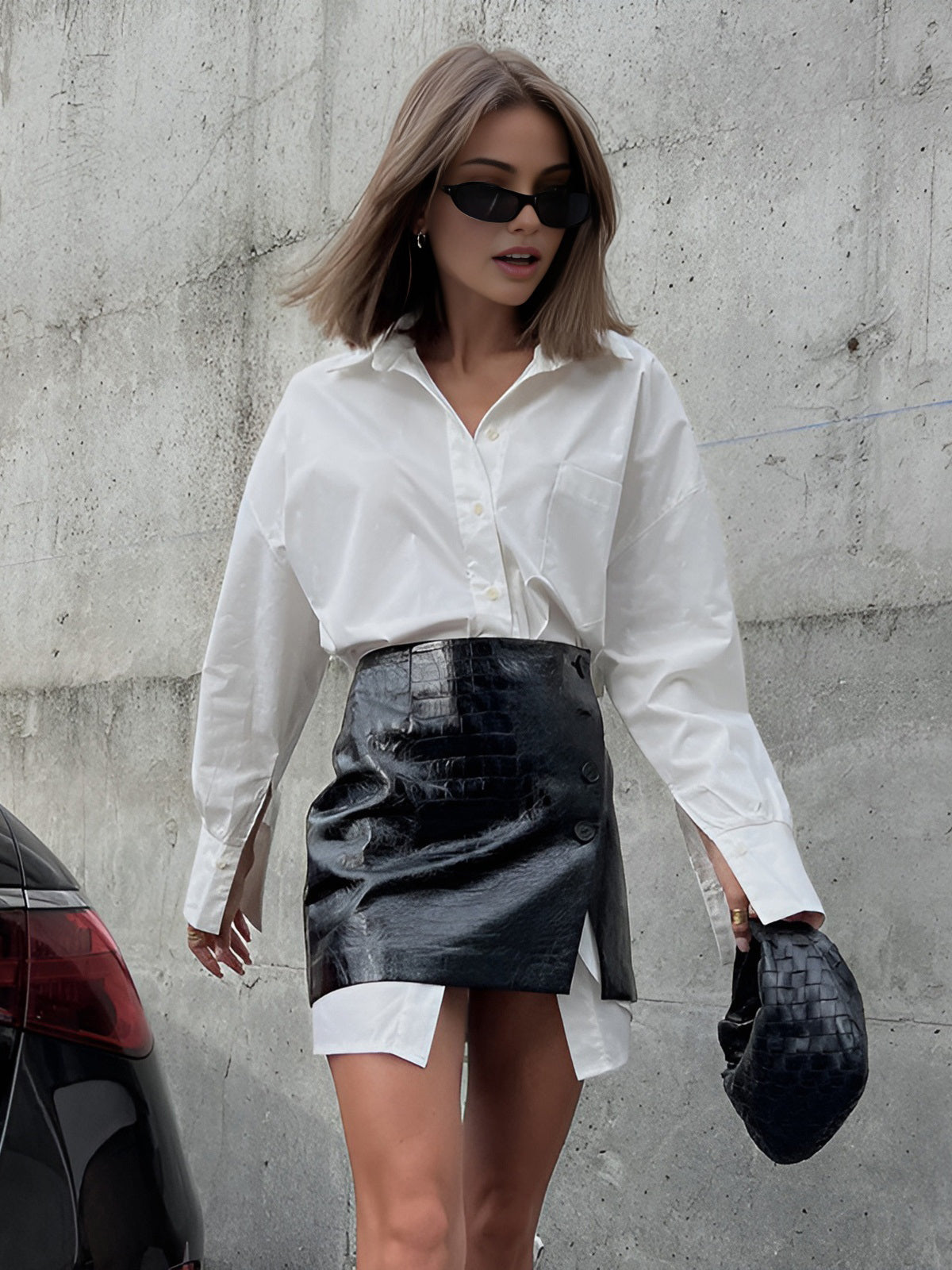 Leona Solid Shirt & Faux Leather Mini Skirt Set