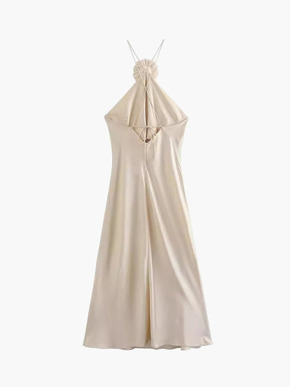 Rosette Satin Halter Midi Dress