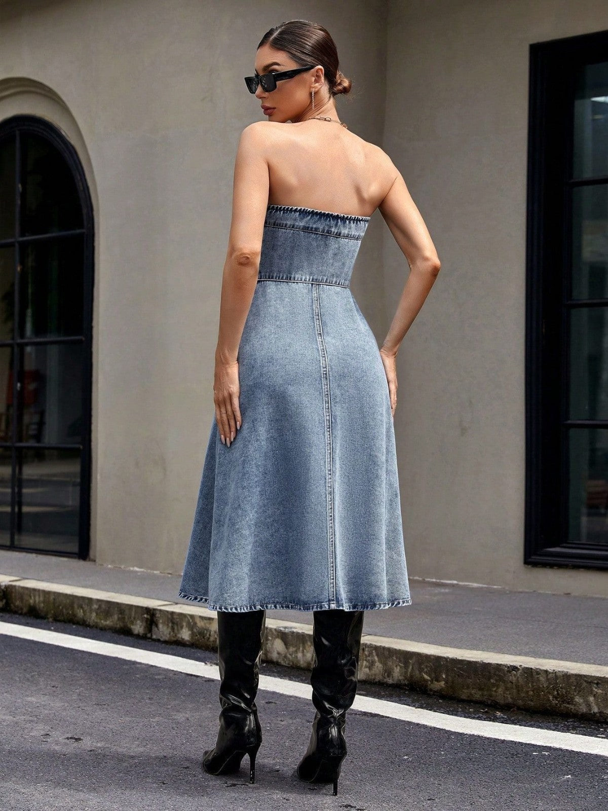 Sabine Strapless Button-Front Denim Dress