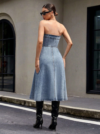 Sabine Strapless Button-Front Denim Dress