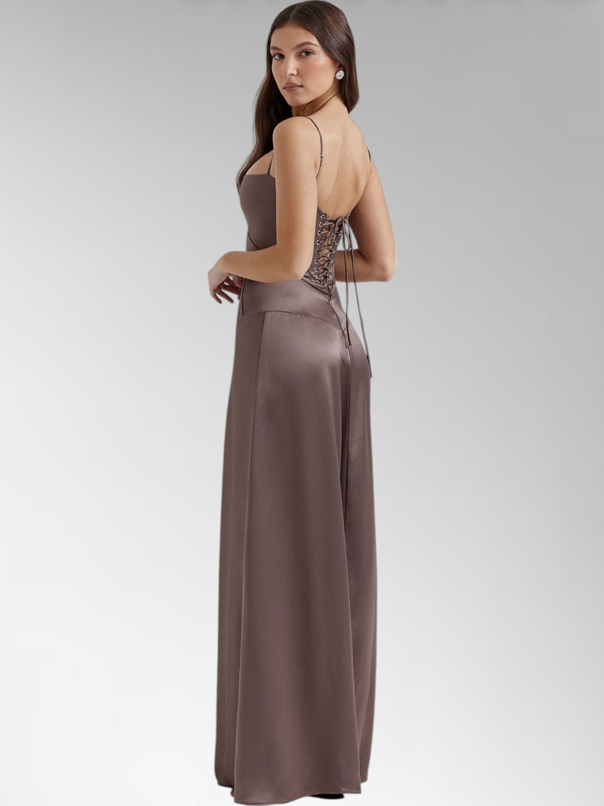 Anabel Brown Satin Lace-Up Evening Gown