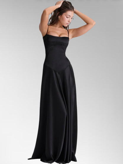 Anabel Black Satin Lace-Up Evening Gown