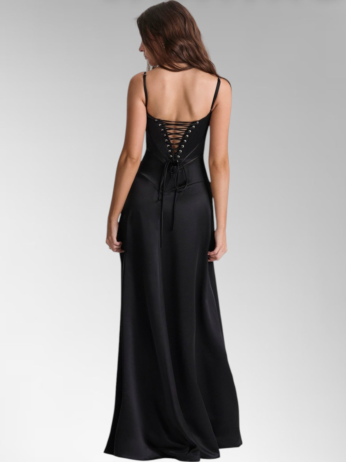 Anabel Black Satin Lace-Up Evening Gown