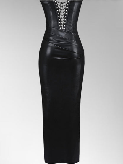 Alisa Black Strapless Leather Midi Dress