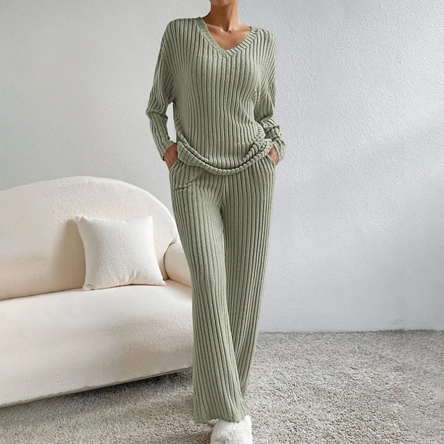 Stella - V-Neck Ribbed Knit Lounge Set