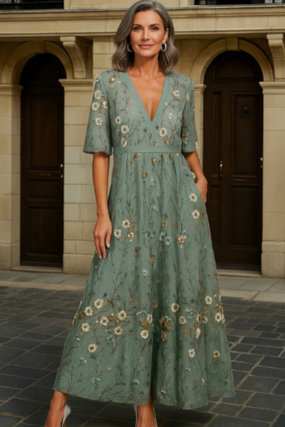 Hazel – Embroidered Sage Green V-Neck Midi Dress